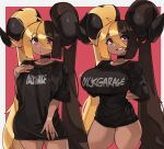  1girl absurdres ahoge aife_(zana) bikini_tan black_horns black_shirt blonde_hair breasts brown_hair dark-skinned_female dark_skin fingernails fuck-me_shirt goat_horns grin gyaru hair_on_horn highres horns huge_breasts kogal long_hair meme_attire multicolored_hair multiple_rings original pajamas_challenge pink_nails purple_eyes shirt smile solo standing t-shirt tan tanline taut_clothes thick_thighs thighs thumb_ring tight tight_shirt twintails two-tone_hair very_long_hair zanamaoria 