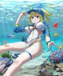  1girl artoria_pendragon_(all) bare_legs bare_shoulders baseball_cap bikini blonde_hair blue_eyes blue_jacket blush breasts breasts_apart bubble caustics cleavage closed_mouth coral_reef covered_nipples cropped_jacket eyebrows_visible_through_hair fate/grand_order fate_(series) feet_out_of_frame fish floating food foreshortening from_below glass_bottle groin hat highres holding holding_breath holding_clothes holding_hat jacket large_breasts light_rays linea_alba lips long_hair looking_at_viewer mysterious_heroine_xx_(fate) navel noeru ocean panties ponytail ramune sand side-tie_bikini sidelocks skindentation solo strap_gap swimsuit tareme thigh_strap underwater underwear untied untied_bikini wardrobe_malfunction watermelon_slice white_bikini 