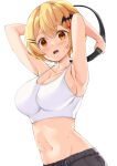  1girl alternate_costume armpits arms_up bat_hair_ornament black_shorts blonde_hair blush bra breasts cleavage commentary eyebrows_visible_through_hair fangs hair_ornament hairclip hololive ky_kosuke large_breasts looking_at_viewer navel open_mouth orange_eyes ring-con ring_fit_adventure short_hair shorts simple_background sleeveless solo sports_bra stomach sweat sweatdrop underwear upper_body virtual_youtuber white_background white_bra yozora_mel 