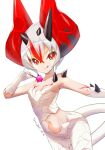  1girl :p candy commentary demon_girl demon_horns dragalia_lost food highlights highres horns lilith_(dragalia_lost) lollipop multicolored_hair navel red_eyes short_hair silken_tofu slit_pupils tail tongue tongue_out white_hair 