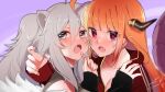  2girls ahoge animal_ears arm_around_shoulder bangs bare_shoulders blonde_hair blunt_bangs breasts cheek-to-cheek cleavage close-up collarbone commentary_request dragon_girl dragon_horns dragon_tail eyebrows_visible_through_hair eyes_visible_through_hair fang fur-trimmed_jacket fur_trim grey_eyes grey_hair hair_between_eyes hair_ornament hairclip_removed hand_on_another&#039;s_shoulder hand_up head_to_head highlights highres holding_hair_ornament hololive hood hood_down hooded_track_jacket horns isuka jacket kiryu_coco lion_ears lion_tail long_hair long_sleeves looking_at_viewer looking_to_the_side multicolored_hair multiple_girls official_alternate_costume open_mouth orange_hair pointy_ears purple_background red_eyes red_jacket shishiro_botan sidelocks signature simple_background sleeves_past_wrists streaked_hair tail track_jacket upper_body virtual_youtuber 