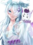  1girl animal_ears animal_on_shoulder blue_eyes blue_hair blush collarbone dragon dragon_ears dragon_girl elira_pendora hair_over_one_eye kashiwa_(moti_oisiiyo) looking_up nijisanji nijisanji_en off_shoulder one_eye_covered open_mouth pikl_(elira_pendora) smile solo_focus sweater virtual_youtuber white_eyes white_overalls white_sweater 