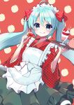  1girl ahoge apron aqua_eyes aqua_hair commentary cup food fruit green_skirt hair_ribbon hands_up hatsune_miku highres holding holding_food holding_fruit holding_tray japanese_clothes kimono long_hair looking_at_viewer maid_apron maid_headdress mitsugushi_yuu parfait polka_dot polka_dot_kimono red_kimono red_ribbon red_shirt ribbon shirt skirt smile solo strawberry teacup teapot tongue tongue_out tray twintails upper_body very_long_hair vocaloid wafer_stick wide_sleeves 