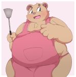  2021 anthro apron blush brown_body brown_fur clothing fur hi_res humanoid_hands inigo_(kusosensei) kemono kitchen_utensils kusosensei male mammal overweight overweight_anthro overweight_male simple_background solo tools ursid 