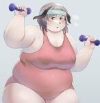  2021 anthro blush bodily_fluids canid canine canis clothed clothing cyrucrem domestic_dog exercise female hi_res humanoid_hands kemono mammal overweight overweight_anthro overweight_female simple_background solo sweat workout 