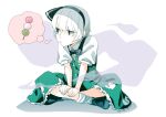  1girl black_footwear black_hairband black_neckwear black_ribbon bow bowtie dango food full_body green_skirt green_vest hair_ribbon hairband indian_style kamabokopic konpaku_youmu konpaku_youmu_(ghost) loafers ribbon sanshoku_dango shirt shoes short_hair short_sleeves simple_background sitting skirt socks solo thinking thought_bubble touhou vest wagashi white_background white_hair white_legwear white_shirt 