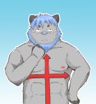  2015 absurd_res andikapatok anthro blue_hair canid canine canis fur grey_body grey_fur hair hi_res humanoid_hands kemono male mammal nipples simple_background solo wolf 
