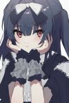  1girl bangs black_bow black_dress black_hair blush bow dress gothic_lolita hands_up highres idolmaster idolmaster_shiny_colors lolita_fashion long_hair looking_at_viewer morino_rinze red_eyes solo yomizu 