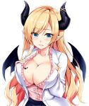  1girl asymmetrical_hair bangs bat_tattoo black_skirt blue_eyes blush breast_tattoo breasts cleavage closed_mouth coat collarbone collared_shirt commentary demon_horns demon_wings eyebrows_visible_through_hair frilled_shirt frills hair_between_eyes hair_ribbon hands_on_own_chest hololive horns ky_kosuke labcoat large_breasts long_hair looking_at_viewer open_clothes open_coat parted_bangs parted_lips pink_shirt pointy_ears ribbon shirt shirt_tucked_in sidelocks simple_background skirt smile solo tattoo upper_body virtual_youtuber white_background white_coat white_ribbon wing_collar wings yuzuki_choco 