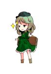  1girl bangs brown_footwear card chibi dairi dress eyebrows_visible_through_hair green_dress green_eyes green_hair green_headwear hand_up hat long_sleeves open_mouth short_hair simple_background smug solo standing star_(symbol) tachi-e touhou white_background yamashiro_takane 