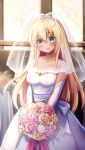  1girl bangs blonde_hair blush bouquet breasts bridal_veil cleavage closed_mouth collarbone doukyuusei_another_world dress elbow_gloves eyebrows_visible_through_hair flower game_cg gloves green_eyes hair_between_eyes hair_flower hair_ornament head_tilt holding holding_bouquet indoors kakyuusei large_breasts long_dress long_hair official_art pink_flower pink_rose rose shiny shiny_hair sleeveless sleeveless_dress smile solo standing strapless strapless_dress tina_(kakyuusei) veil very_long_hair wedding_dress white_dress white_flower white_gloves yellow_flower yellow_rose 