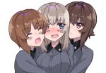  3girls :d bangs blue_eyes blush brown_eyes brown_hair commentary dress_shirt eyebrows_visible_through_hair frown girl_sandwich girls_und_panzer grey_shirt group_hug highres hug itsumi_erika kimi_tsuru kuromorimine_school_uniform long_sleeves looking_at_viewer medium_hair multiple_girls nishizumi_maho nishizumi_miho open_mouth sandwiched school_uniform shirt short_hair siblings silver_hair simple_background sisters smile white_background wing_collar 