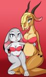  antelope anthro antlers big_breasts bovid bra breasts clothing disney duo female gazelle gazelle_(zootopia) hair hair_over_eye hi_res horn judy_hopps kneeling lagomorph leporid mammal one_eye_obstructed panties rabbit someth1ngoranother thick_thighs underwear zootopia 