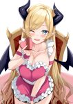  1girl alternate_costume apron arm_strap bangs blonde_hair blue_eyes blush box breasts cleavage collarbone commentary cowboy_shot demon_horns demon_wings eyebrows_visible_through_hair frilled_apron frills happy_birthday heart-shaped_box heart_apron holding holding_box hololive horns ky_kosuke large_breasts long_hair looking_at_viewer naked_apron one_eye_closed open_mouth parted_bangs pink_apron pointy_ears simple_background sitting smile solo symbol_commentary throne very_long_hair virtual_youtuber white_background wings wrist_cuffs yuzuki_choco 
