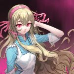  1girl apron blonde_hair blue_dress curly_hair dress frilled_apron frills hair_between_eyes hairband hand_on_own_head kagerou_project key_necklace kozakura_marry long_hair pengpeng_dohyung pink_eyes pink_hairband pink_ribbon red_eyes ribbon solo upper_body very_long_hair white_apron 