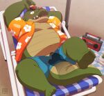  2021 anthro belly blush bottomwear clothed clothing crocodile crocodilian crocodylid eyewear green_body humanoid_hands kemono lying male open_clothing open_shirt open_topwear overweight overweight_male penta002 reptile scalie shirt shorts slit solo_focus sunglasses topwear undressing 