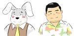  2016 andikapatok anthro black_nose blush clothing duo eyes_closed fur grey_body grey_fur human kemono lagomorph leporid male mammal necktie rabbit shirt simple_background topwear white_background 