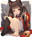  1girl absurdres amagi-chan_(azur_lane) animal_ear_fluff animal_ears azur_lane barefoot bell blush check_commentary commentary_request fox_ears fox_tail grin highres jingle_bell knees_up long_hair looking_at_viewer multiple_tails purple_eyes rope shimenawa simple_background sitting smile solo tail toes tsukibara twintails white_background 