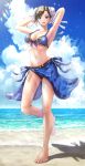  1girl absurdres adapted_costume barefoot beach bikini blue_bikini blue_sarong blue_sky brown_eyes brown_hair bun_cover chun-li cloud commentary_request day double_bun full_body highres horizon looking_at_viewer ocean outdoors sarong shadow sky solo standing standing_on_one_leg street_fighter swimsuit wajuniorbox 