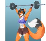  abs absurd_res anthro barbell black_hair bottomwear bra bronx23 canid canine clothed clothing deadlift demontoid dipstick_tail exercise female fluffy fluffy_tail fox fur hair hi_res mammal midriff multicolored_tail muscular muscular_anthro muscular_female orange_body orange_fur rosaline_(bronx23) shorts solo sports_bra standing underwear weightlifting weights workout 