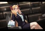  1girl adjusting_eyewear alternate_costume belt beppu_mitsunaka bespectacled black_headwear black_jacket black_skirt blonde_hair breasts chair character_doll contemporary crossed_legs desk earrings ereshkigal_(fate) fate/grand_order fate_(series) formal glasses hair_ribbon holding holding_paper jacket jewelry king_hassan_(fate) letterboxed long_hair medium_breasts medjed_(fate) paper pencil_skirt red_eyes red_ribbon ribbon semi-rimless_eyewear shirt sitting skirt skirt_suit smile solo sparkle suit suit_jacket tiara two_side_up under-rim_eyewear very_long_hair white_shirt 