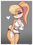  absurd_res anthro blonde_hair blush bodily_fluids breasts cleavage clothed clothing digital_media_(artwork) female fur hair hi_res lagomorph leporid lola_bunny looney_tunes mammal rabbit simmsyboy simple_background solo space_jam sweat warner_brothers 