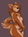  anthro breasts brown_body brown_fur brown_hair canid canine canis chest_tuft covering covering_self crossed_arms female fluffy fluffy_tail fur hair hi_res looking_aside mammal marycitrus nipples nude solo standing tuft wolf 
