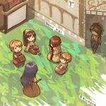  3boys 3girls acolyte_(ragnarok_online) archer_(ragnarok_online) armeyer_dinze bag bandana bangs bergamot_honda blonde_hair blue_shorts boots bow bow_(weapon) bow_bra bra brown_cape brown_capelet brown_dress brown_footwear brown_gloves brown_hair brown_headwear brown_jacket brown_pants brown_shirt brown_shorts cape cassock closed_mouth commentary_request day dress egnigem_cenia errende_ebecee from_above full_body gloves hair_between_eyes hair_over_one_eye hairband holding holding_bow_(weapon) holding_weapon jacket kavach_icarus laurell_weinder long_hair long_sleeves looking_at_another mage_(ragnarok_online) merchant_(ragnarok_online) multiple_boys multiple_girls muneate open_mouth outdoors pants ponytail purple_hair ragnarok_online red_bow red_dress red_hair red_hairband shirt short_hair shorts shrug_(clothing) sitting smile swordsman_(ragnarok_online) thief_(ragnarok_online) translation_request underwear walking weapon white_bra wickebine_tres 