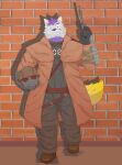  2015 andikapatok anthro biped bottomwear canid canine canis clothing fur grey_body grey_fur hair hi_res humanoid_hands kemono male mammal pants purple_hair solo weapon wolf 