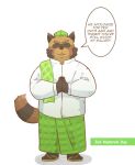  2015 andikapatok anthro brown_body brown_fur canid canine clothed clothing english_text eyes_closed fur hat headgear headwear hi_res humanoid_hands kemono male mammal raccoon_dog simple_background solo tanuki text white_background 