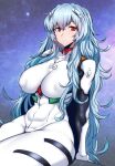  1girl absurdres ayanami_rei blue_hair blush breasts covered_navel covered_nipples evangelion:_3.0+1.0_thrice_upon_a_time evangelion:_3.0_you_can_(not)_redo gggg headgear highres long_hair looking_at_viewer neon_genesis_evangelion plugsuit rebuild_of_evangelion red_eyes sitting smile solo 