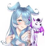  1girl akanyanyanyan animal_ears animal_on_shoulder bangs black_sclera blue_eyes blue_hair blush collarbone colored_sclera dragon dragon_ears dragon_girl elira_pendora english_commentary extra_eyes hair_over_shoulder nijisanji nijisanji_en off_shoulder one_eye_covered overalls pikl_(elira_pendora) smile solo_focus sweater upper_body virtual_youtuber white_background white_eyes white_sweater 