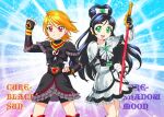  2girls blue_hair brown_hair cure_black cure_white dress earrings futari_wa_precure gloves jewelry kamen_rider kamen_rider_black kamen_rider_black_(series) long_hair looking_at_viewer magical_girl misumi_nagisa multiple_girls open_mouth precure seiyuu_connection shadow_moon short_hair skirt smile ueyama_michirou yukishiro_honoka 