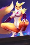  2021 absurd_res anthro bandai_namco bending_down big_breasts bikini black_sclera blue-eyes breasts camel_toe canid canine clothing digimon digimon_(species) female fingerless_gloves fox fur gloves guppic hands_on_knees handwear hi_res looking_at_viewer mammal micro_bikini navel renamon signature solo swimwear yellow_body yellow_fur 