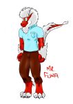  absurd_res anthro bottomwear claws clothing dragon fur furred_dragon grey_body grey_fur hi_res horn male mr_fuwa pants paws raised_tail red_body shirt simple_background solo topwear 