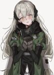  1girl aogisa bad_id bad_twitter_id bangs blush girls_frontline gloves green_jacket hair_between_eyes hands_together head_tilt headgear highres jacket long_hair looking_at_viewer mg4_(girls_frontline) mod3_(girls_frontline) open_mouth own_hands_together silver_hair solo twintails upper_body white_background yellow_eyes 