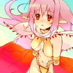  1girl arutopian bangs bikini blush breasts commentary_request detached_sleeves eyebrows_visible_through_hair gypsy_(ragnarok_online) jewelry long_hair looking_at_viewer lowres medium_breasts navel necklace open_mouth pink_hair pointy_ears ragnarok_online red_eyes red_sleeves solo swimsuit upper_body yellow_bikini 