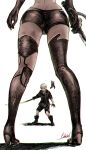  1boy 1girl android ass black_footwear black_gloves black_jacket black_shorts fighting_stance from_below gloves high_heels highres holding holding_sword holding_weapon jacket joints nier_(series) nier_automata out_of_frame pod_(nier_automata) red_eyes robot_joints sakai_natsuo shorts silver_hair standing sword thighhighs thighs weapon white_background yorha_no._9_type_s yorha_type_a_no._2 