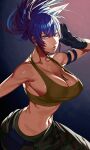  1girl absurdres bangs bare_shoulders black_gloves blue_eyes blue_hair breasts cleavage commentary dog_tags earrings gloves highres jewelry large_breasts leona_heidern military navel ponytail sleeveless sokuse_kienta solo tank_top the_king_of_fighters the_king_of_fighters_xv triangle_earrings yellow_tank_top 