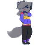  ambiguous_gender anthro clothed clothing ear_piercing fluffy fluffy_tail fur grey_body grey_fur hi_res kapi_(fnf) looking_at_viewer mammal microphone one_eye_obstructed open_mouth piercing simple_background smile snoiifoxxo solo sweater topwear white_background 