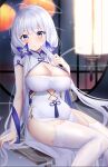  1girl azur_lane bangs blue_eyes blurry blush breasts china_dress chinese_clothes cleavage closed_mouth depth_of_field dress eyebrows_visible_through_hair garter_straps hair_ornament highres illustrious_(azur_lane) illustrious_(maiden_lily&#039;s_radiance)_(azur_lane) jyu-so large_breasts long_hair looking_at_viewer mole mole_under_eye official_alternate_costume short_sleeves side_slit sitting solo thighhighs thighs white_dress white_hair white_legwear 