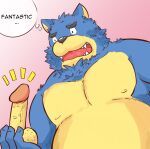  2015 andikapatok anthro balls black_nose blue_body blue_fur canid canine canis erection fur genitals kemono male mammal overweight overweight_anthro overweight_male penis simple_background solo text wolf 