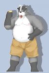  2016 andikapatok anthro badger black_body black_fur bottomwear cellphone clothing fur grey_body grey_fur hi_res humanoid_hands kemono male mammal mustelid musteline overweight overweight_anthro overweight_male phone shorts simple_background smartphone solo white_body white_fur 