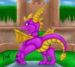  activision angry butt castle dragon featureless_crotch feral grass looking_at_viewer looking_back looking_back_at_viewer male naatti_(artist) plant presenting presenting_hindquarters signature solo spyro spyro_the_dragon video_games 