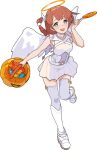  1girl angel artist_request bangs bare_shoulders belt blue_eyes blush boots braid braided_ponytail breasts brown_hair candy choker corina_(world_flipper) covered_navel food frilled_shirt frills full_body grey_legwear hair_ornament hairclip half-closed_eyes halloween halloween_bucket halloween_costume halo hand_up happy highres holding holding_candy holding_food holding_lollipop knee_boots leg_up lollipop long_hair looking_at_viewer miniskirt non-web_source official_art open_mouth pleated_skirt shiny shiny_hair shirt sidelocks skirt sleeveless sleeveless_shirt small_breasts smile solo standing standing_on_one_leg thighhighs tied_hair transparent transparent_background white_choker white_footwear white_shirt white_skirt white_wings wings world_flipper zettai_ryouiki 
