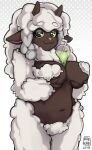  :3 anthro anthrofied belly between_breasts beverage big_breasts biped black_eyes bovid braided_hair breasts brown_body brown_skin bubble_tea caprine crotch_tuft dark_body dark_skin digital_media_(artwork) female fluffy fluffy_hair front_view fur glistening glistening_eyes hair hand_on_breast hands-free_bubble_tea holding_breast horizontal_pupils horn long_hair looking_at_viewer mammal meme monotone_body monotone_fur monotone_hair naturally_censored navel neck_tuft nintendo nipple_tuft nude pattern_background pigtails pink_inner_ear pink_nose pok&eacute;mon pok&eacute;mon_(species) pok&eacute;morph portrait pupils rinkae simple_background slightly_chubby smile solo standing three-quarter_portrait tuft video_games white_body white_fur white_hair white_pupils wool_(fur) wooloo yellow_sclera 