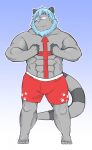  2015 andikapatok anthro barazoku blue_hair canid canine canis clothing cute_fangs fur grey_body grey_fur hair hi_res humanoid_hands kemono male mammal muscular muscular_anthro muscular_male solo underwear wolf 