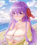  1girl absurdres bandeau bangs bare_shoulders bb_(fate)_(all) bb_(swimsuit_mooncancer)_(fate) beach blue_sky blush breasts cleavage collarbone fate/grand_order fate_(series) hair_ribbon highres jacket large_breasts long_hair long_sleeves looking_at_viewer lshiki off_shoulder purple_eyes purple_hair red_ribbon ribbon sky smile very_long_hair yellow_jacket 