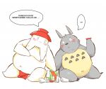  2015 alcohol andikapatok anthro beverage blush bottomwear clothing duo ghibli grey_body kemono loincloth male moobs my_neighbor_totoro overweight overweight_male radish_spirit sake sake_dish sitting spirited_away text totoro white_body 