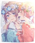  2girls ahoge blue_dress blue_eyes blue_flower blush border braid closed_eyes commentary_request crying crying_with_eyes_open dress english_text flower grey_hair hair_flower hair_ornament hair_ribbon hand_on_another&#039;s_shoulder happy_birthday highres jewelry leaf light_particles long_sleeves love_live! love_live!_sunshine!! makura_(makura0128) multiple_girls necklace open_mouth orange_flower orange_hair red_dress ribbon short_hair smile takami_chika tears upper_body upper_teeth watanabe_you white_flower white_ribbon yellow_flower 